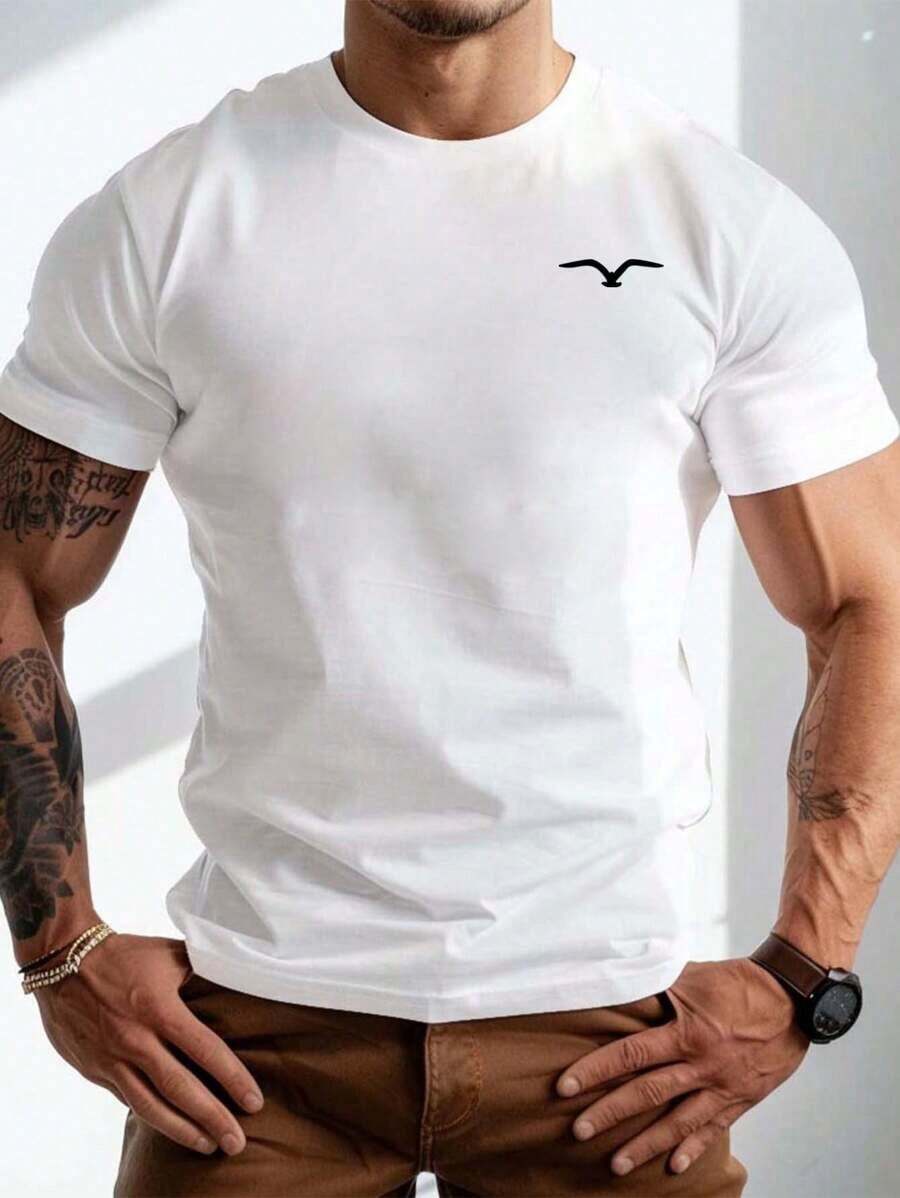 Men's Casual Short-Sleeved T-Shirt With Seagull Print, Summer - 白色 - 查看 1