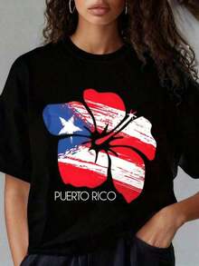 Women's Casual Round Neck Short Sleeve T-Shirt With Puerto Rican Flag And Hibiscus Flower Print. Women's Graphic Short Sleeve T-Shirt With Patriotic Puerto Rican Design. Suitable For Christmas, Group Sports, Vacations, Activities, Parties, And Other Holiday Gifts. Summer Clothing Sets For Women. EBRUFashion Refreshing T-Shirt - 黑色 - 查看 7