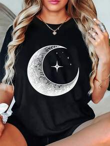 Camiseta de talla grande para mujer con estampado de cielo estrellado y luna en blanco y negro - top casual de manga corta y cuello redondo con estampados de luna creciente y estrellas, cómoda para todas las estaciones, lavable a máquina, adecuada para uso diario en verano y primavera, corte holgado, diseño sencillo, cómoda y bien ajustada, tela suave, estilo adulto. - Negro - Ver 6
