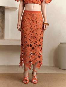 Frievida Falda larga naranja elegante y de uso diario con encaje floral y diseño hueco, ropa de mujer, ropa de verano para mujeres, vestidos, ropa de cumpleaños para mujeres, ropa de otoño para mujeres - Naranja - Ver 4