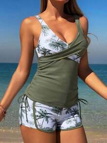 Women's Spring Vacation Swimsuit, Tropical Plant Print, Boy Style Shorts With Included Tank Top, Bikini - Navy Blue - View 7