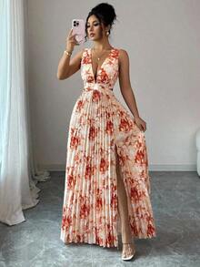 Vestido elegante y romántico para mujer con escote en V sin mangas, cintura hueca, plisado en línea A y estampado floral - Multicolor 6 - Ver 1