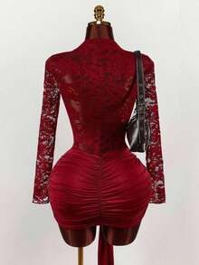 Blusa de encaje para mujer con vestido mini ajustado de tul rojo vintage con cordón en el bajo, estilo bohemio para fiesta - Rosa Roja - Ver 7