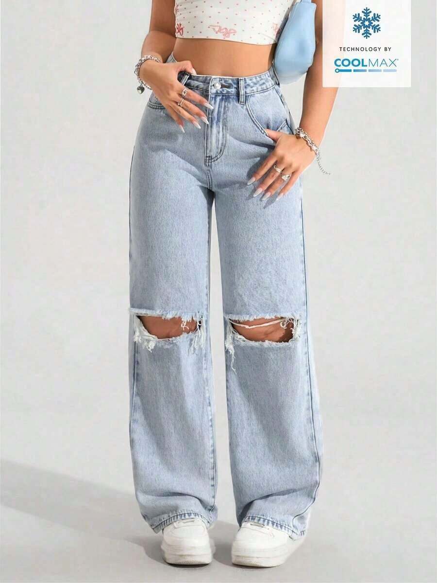 PETITE Vaqueros anchos y holgados de tela vaquera con bolsillos y efecto desgastado, de uso versátil y casual para mujer - Lavado ligero - Ver 1