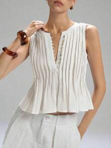 Primavera/Verano Nueva Blusa de Lino sin Mangas con Cintura Plisada para Mujer, Minimalista Casual, Estilo Vacacional, Marrón - Beis - Ver 7