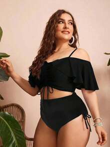 Swim Chiccia Conjunto de 2 piezas de bikini de talla grande para mujer de unicolor con tirantes de espagueti, hombros descubiertos, volantes y cordón - Elegante y estiloso para vacaciones informales - Negro - Ver 3