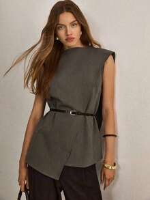 Blusa suelta con bajo asimétrico de unicolor para mujer - Verde Oscuro - Ver 6