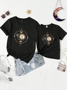 Camiseta gráfica de manga corta con estampado de luna dorada de moda casual para mujerPure-Cotton - Negro - Ver 7