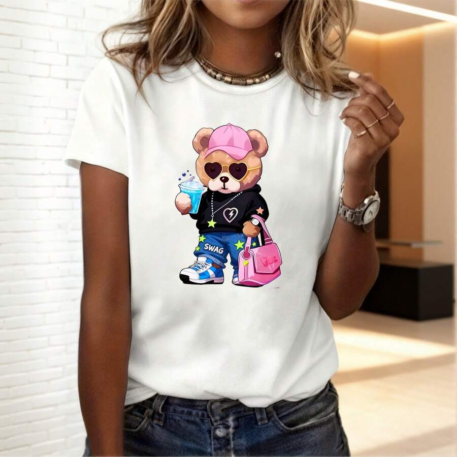 Playera Mujer Cuello Redondo 100% Algodón Oso de Moda con Gorra y Bolsa Estilo Urbano Tela Elástica Resistente al Desvanecimiento Top Casual de Uso Diario|Top de Moda Femenino - Blanco - Ver 1