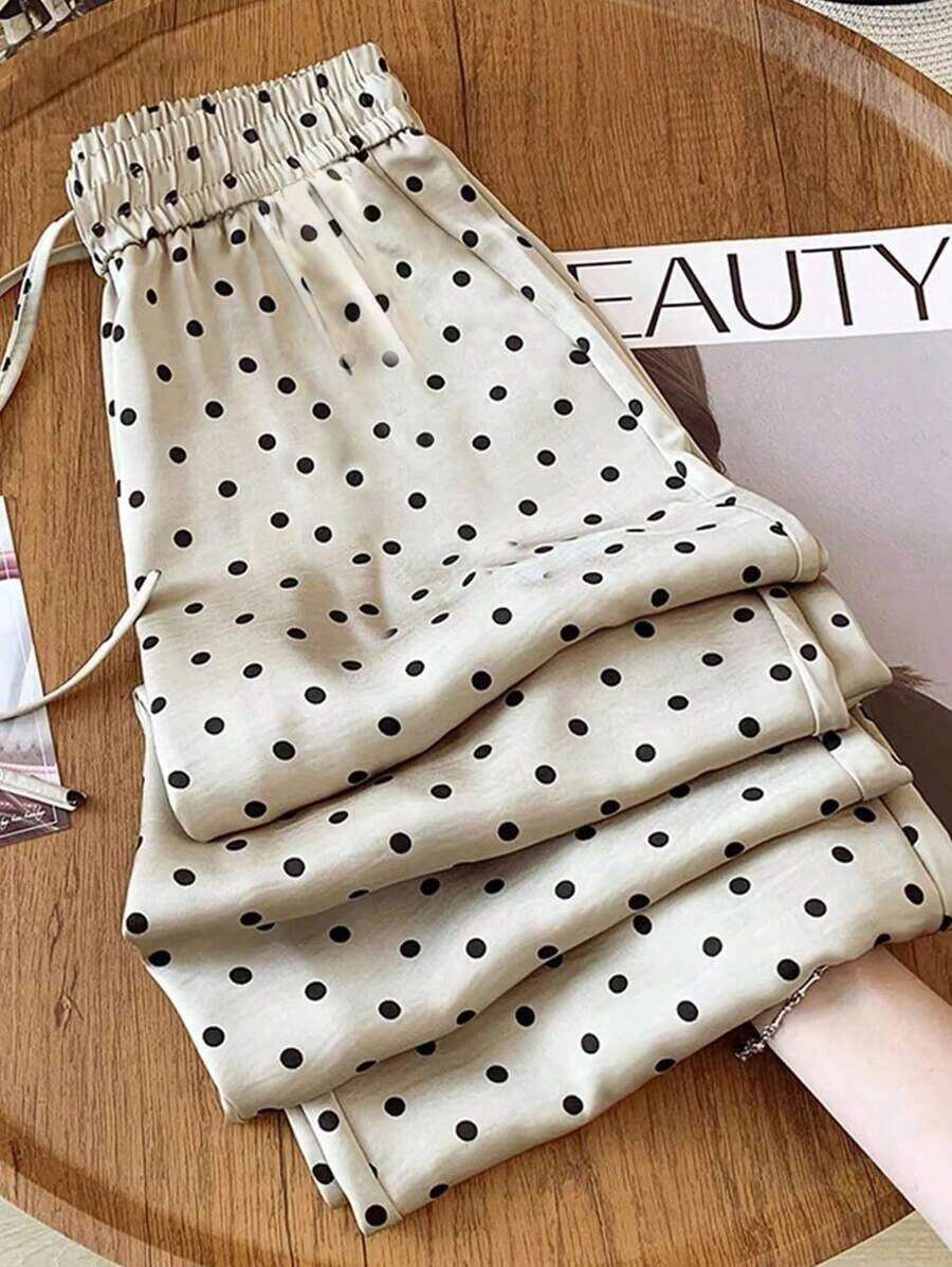Pantalones rectos de satén con cintura alta, cintura con cordón y estampado de lunares, adecuados para vacaciones, ceremonias de graduación, festivales de música, estilo bohemio, 4 de julio, uso casual - Multicolor - Ver 1