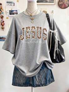 Women's Loose-Fitting, Round-Neck, Dropped-Shoulder, Mid-Length T-Shirt With Textured Digital Print Pattern, A Gift For Friends - Gray - View 8