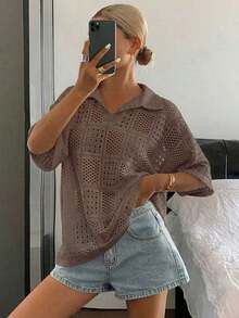 Women's Short-Sleeved Polo Shirt, Loose Fit, Textured And Openwork Fabric, For Summer - Khaki - View 3