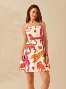 Vestido mini de verano informal estilo boho, con estampado animal de contraste tropical, para mujer - Multicolor - Ver 1