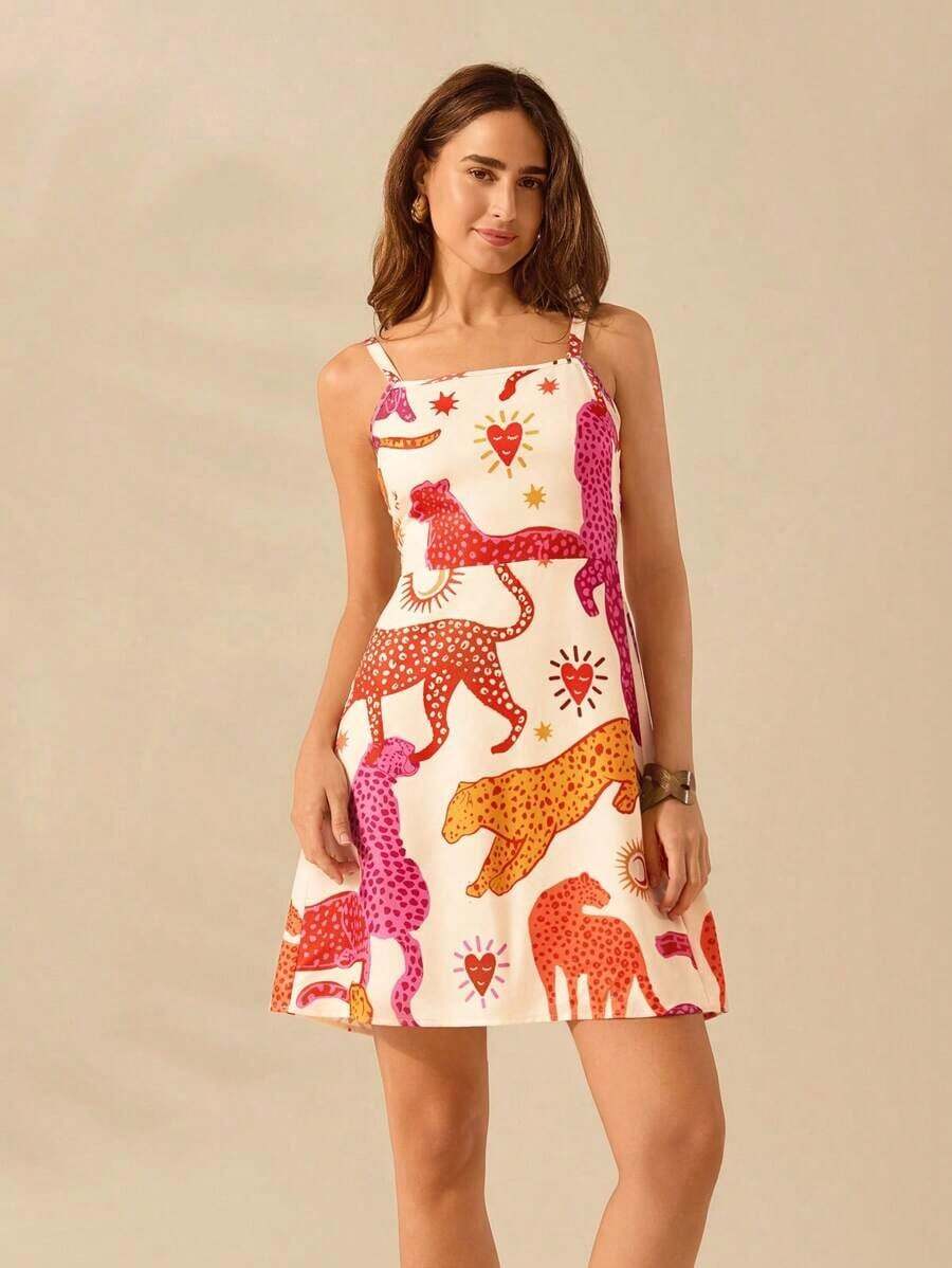 Vestido mini de verano informal estilo boho, con estampado animal de contraste tropical, para mujer - Multicolor - Ver 1