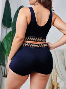Conjunto de traje de baño de top bandeau de unicolor y shorts de cintura alta para mujer de talla grande, elegante y casual para la playa y el día a día - Azul marino - Ver 2