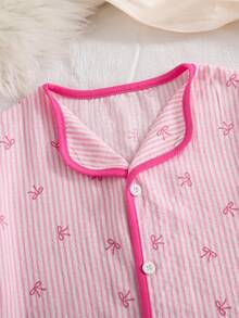 Coquette Pink Bow Striped Pajamas | Short Sleeve Open-Front Top & Long Pants, Bubble Crinkle Breathable Sleepwear For Girls - Pink - View 5