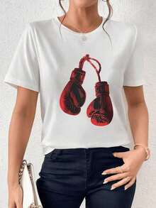 Fashion Printed T‑Shirts for Women, Oversized Streetwear Tops, Comfortable and Stylish All‑Match Summer TeesCamiseta de mujer con estampado de guantes de boxeo rojos.Diseño casual y moderno,220g ideal para uso diario. - Blanco - Ver 6