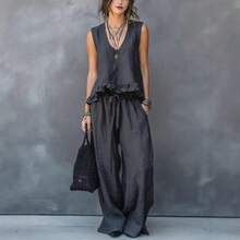 Conjunto casual de dos piezas para mujer talla grande con escote en V sin mangas detalle de volantes en gris oscuro moda verano - Gris - Ver 3