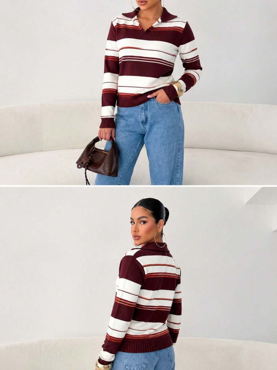 Women's Striped Knit Blouse With Long Sleeves And Polo Collar, Elegant And Casual - 酒紅色 - 查看 1