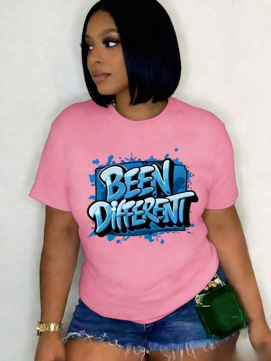 Women's Oversized Graphic Print Short Sleeve T-Shirt, Blue Graffiti Inspired Design, Fashionable Women's Clothing, Retro Y2K Style, Ideal For Campus Lovers, Commuting, Music Festivals, Brunch Dates, Versatile Printed Tee, Versatile Basic Short Sleeve Tee, Versatile Basic Short Sleeve Tee, Versatile Basic Short Sleeve Tee, Versatile Basic Short Sleeve Tee. - 粉色 - 查看 1