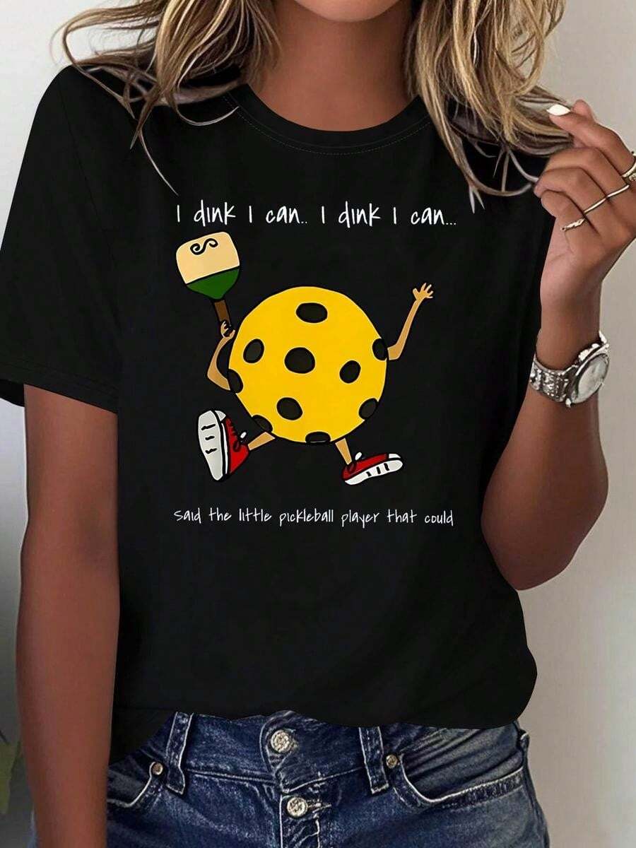 1 pieza clásica y versátil, camiseta de manga corta de algodón puro con estampado animado de caricatura Pickleball, yo juego, ideal para usar en cualquier estación. Estilo moderno. - Negro - Ver 1