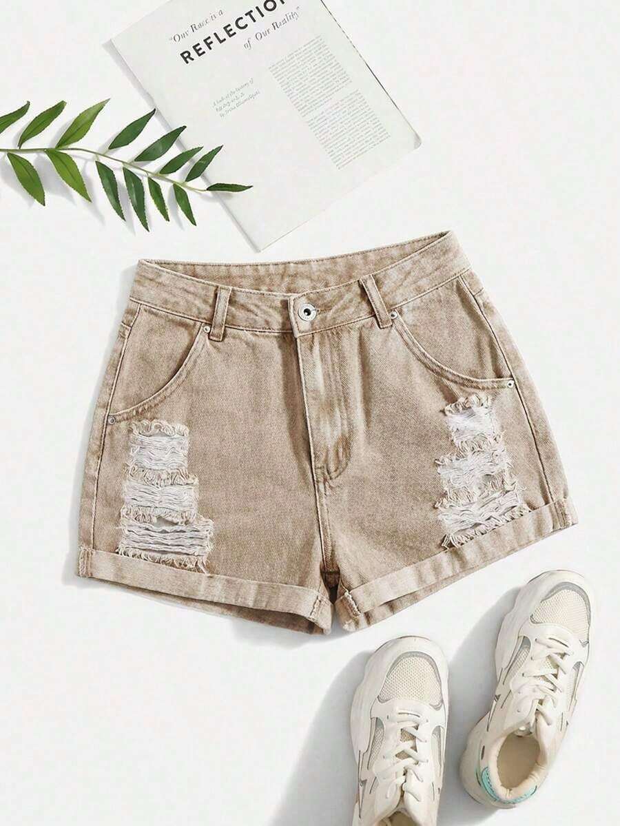 Shorts en mezclilla desgarro crudo bajo de doblez - Albaricoque - Ver 1
