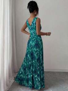 Vestido elegante y romántico para mujer con escote en V sin mangas, cintura hueca, plisado en línea A y estampado floral - Multicolor - Ver 2