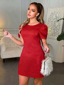 Vestido mini negro de línea A elegante para mujer, con escote barco y mangas cortas abullonadas para el verano - Rojo - Ver 2