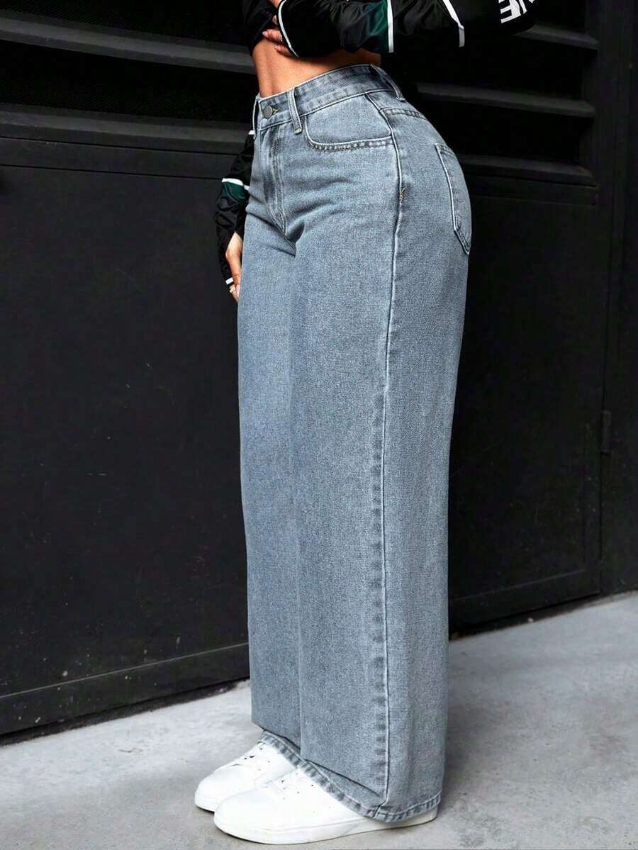 PETITE Jeans rectos de pierna suelta y lavados para mujer - Azul 2 - Ver 1