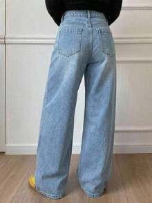 Jeans casuales de mujer de pierna ancha, unicolor, con bolsillo cargo suelto - Lavado ligero - Ver 4