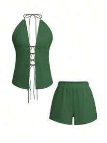 Conjunto de 2 piezas de top con escote en V y espalda descubierta con lazo, y shorts elásticos para mujer, adecuado para el hogar, la playa, citas, festivales de música, San Valentín y otras ocasiones, elegante en negro para el verano - Verde Oscuro - Ver 3