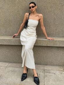 Vestido de unicolor sin mangas, elegante para primavera y verano, vestido de playa para mujeres de talla grande.Vestido casual de lino para mujeres. - Albaricoque - Ver 11