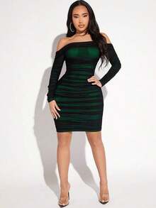 Vestido de hombros descubiertos de malla para mujer - Verde Oscuro - Ver 3