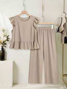 LUNE Conjunto de dos piezas para mujer de top con dobladillo con volantes en unicolor y pantalones de pierna ancha para vacaciones informales - Albaricoque - Ver 2