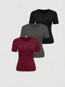 Camiseta casual de mujer de unicolor de manga corta y acanalada - Multicolor 5 - Ver 3