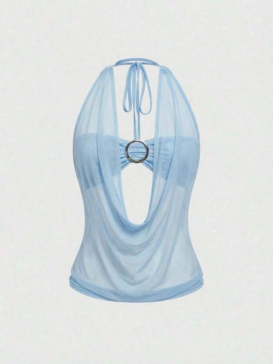 Top sin tirantes estilo retro Y2K para mujer, primavera/verano, con escote profundo y espalda descubierta, estilo callejero (incluye forro de tubo). - Celeste - Ver 1
