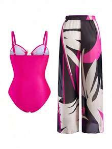 Traje de baño de una pieza con tirantes finos, cuello bajo y estampado de jacquard verde, talla grande talla, con pareo como conjunto de traje de baño de 2 piezas para vacaciones informales - Rosa - Ver 2