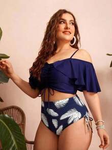 Swim Chiccia Conjunto de 2 piezas de bikini de talla grande para mujer de unicolor con tirantes de espagueti, hombros descubiertos, volantes y cordón - Elegante y estiloso para vacaciones informales - Azul - Ver 4