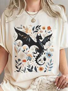 Camiseta de manga corta para mujer con estampado de dragón y flores, apta para uso diario, salidas casuales, fines de semana y vacaciones, estilo relajado, de cuello redondo, confeccionada en poliéster, ideal para primavera y verano. Envío nacional disponible en México. - Albaricoque - Ver 1