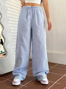 Pantalones rectos con cintura de cordón y rayas para mujer - Azul y blanco - Ver 3