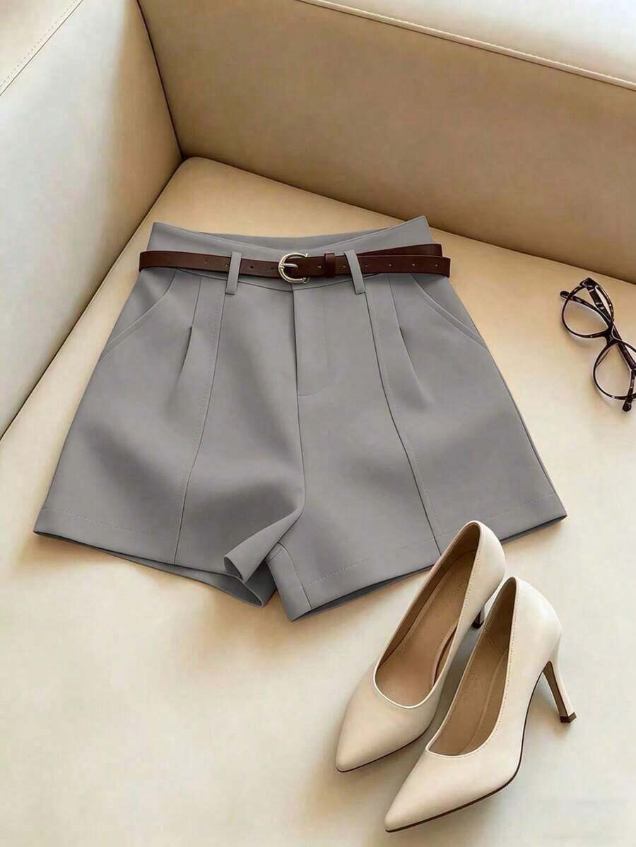 cortos de mujer de estilo minimalista francés, tejidos de unicolor, casuales para ir al trabajo, de cintura alta, con silueta A y pierna ancha, de estilo retro - Gris - Ver 1
