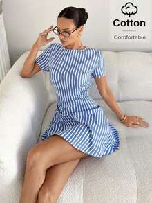 Vestido corto casual de mujer con cuello redondo, mangas cortas, cintura ceñida, a rayas, vestidos casuales de algodón para mujer, vestidos de verano a rayas para mujer, vestidos de verano para mujer, conjuntos de verano para mujer - azul real - Ver 2