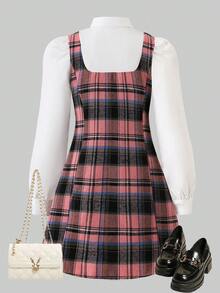 Girls' Preppy Style 2-In-1 Dress, 8-12 Years Old, Princess Dress, Pink Plaid Patchwork White Shirt + Bow Decor + Hidden Zipper + Double Split Hem Design, Children's Dress, Party / Performance - Pink - View 6