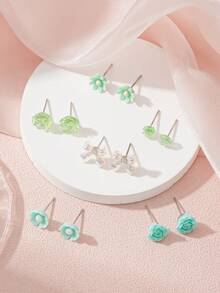 Bộ 6 đôi bông tai đính đá hình bướm và hoa dễ thương, tươi tắn, làm từ nhựa, món quà trang sức thường ngày đa năng dành cho phụ nữ. - Nhiều màu - Xem 2