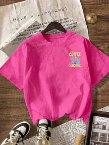 Camiseta gráfica COFFEE CLUB, camiseta casual de manga corta con cuello redondo para mujer, adecuada para verano, vacaciones, playa rosa. - rosa caramelo - Ver 3