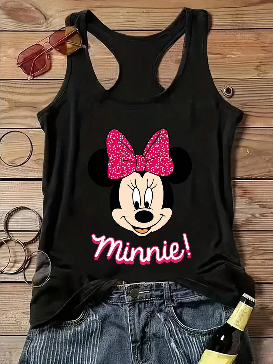 Disney Genuine License One Y2K Fashion Sleeveless Tank Vest T-Shirt With Minnie Mouse Print Cool Summer T-Shirt, Sleeveless Tank Vest T-Shirt Crew Neck Casual Top, Spring Summer, Women's, Multi-Size Multi-Color Options - màu đen - Xem 1