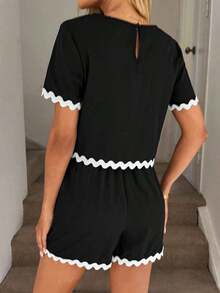 Conjunto de 2 piezas de top de manga corta con cuello redondo a cuadros y shorts casuales para mujer, de verano - Negro - Ver 2