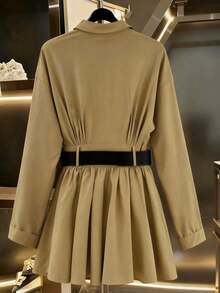 Vestido de unicolor marrón con cintura ceñida/Falda estilo camisa vintage de ajuste ceñido, elegante y de moda para ir al trabajo, primavera y otoño - Caqui - Ver 2