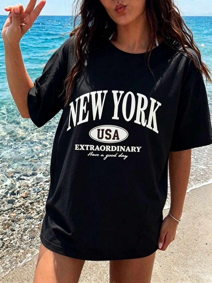 Camiseta de Mujer de Manga Corta con Cuello Redondo y Estampado de Letras Casual, Estilo Nueva York, Ajustada, Mezcla de Algodón, Ideal para el Verano, Colección Regreso a Clases - Negro - Ver 1