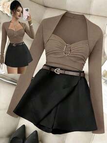 Nuevo conjunto elegante y chic de diseño de traje con cuello cuadrado, busto plisado estilizador, botones metálicos, manga larga camiseta + falda-pantalón asimétrica de cintura elástica y multicapa, casual y sexy, versátil conjunto de 2 piezas para mujer - Multicolor - Ver 7